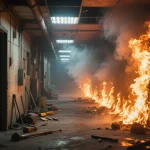 burning warehouse fire and smoke