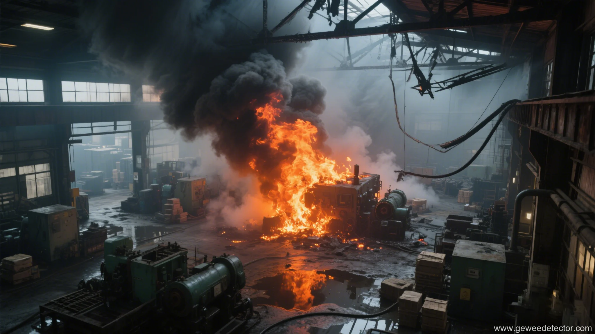 factory inferno smoke fire collapse