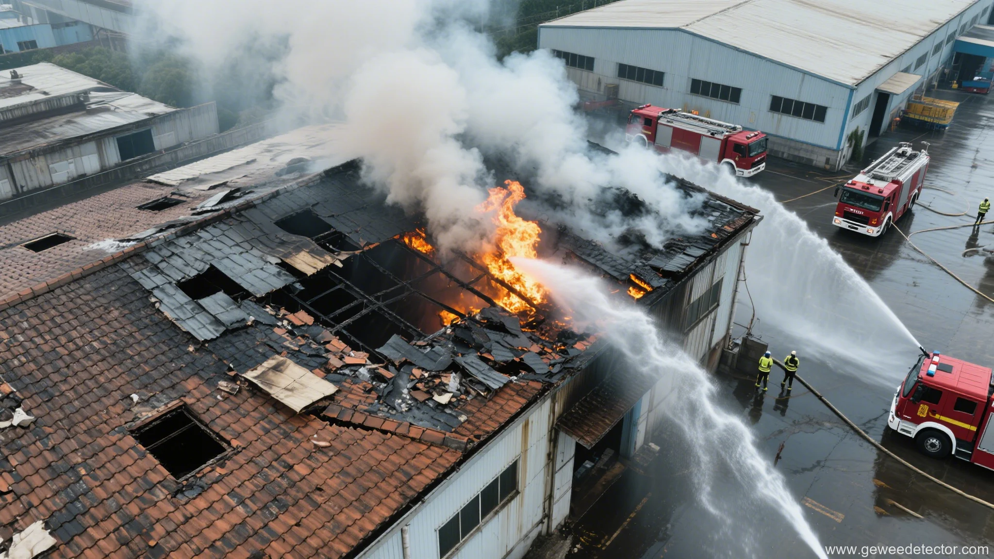 fire damaged factory under fire