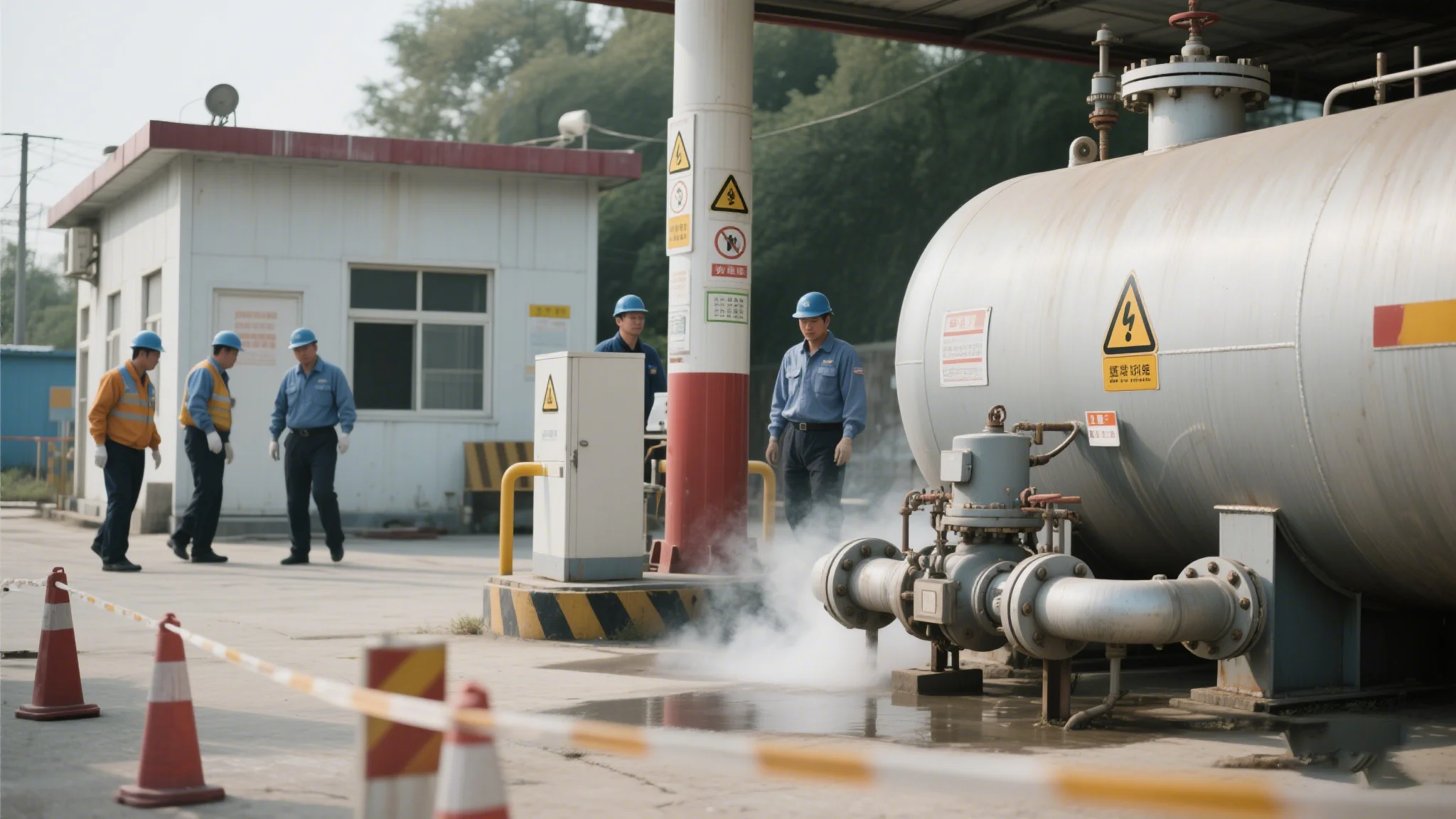 industrial workers gas tank