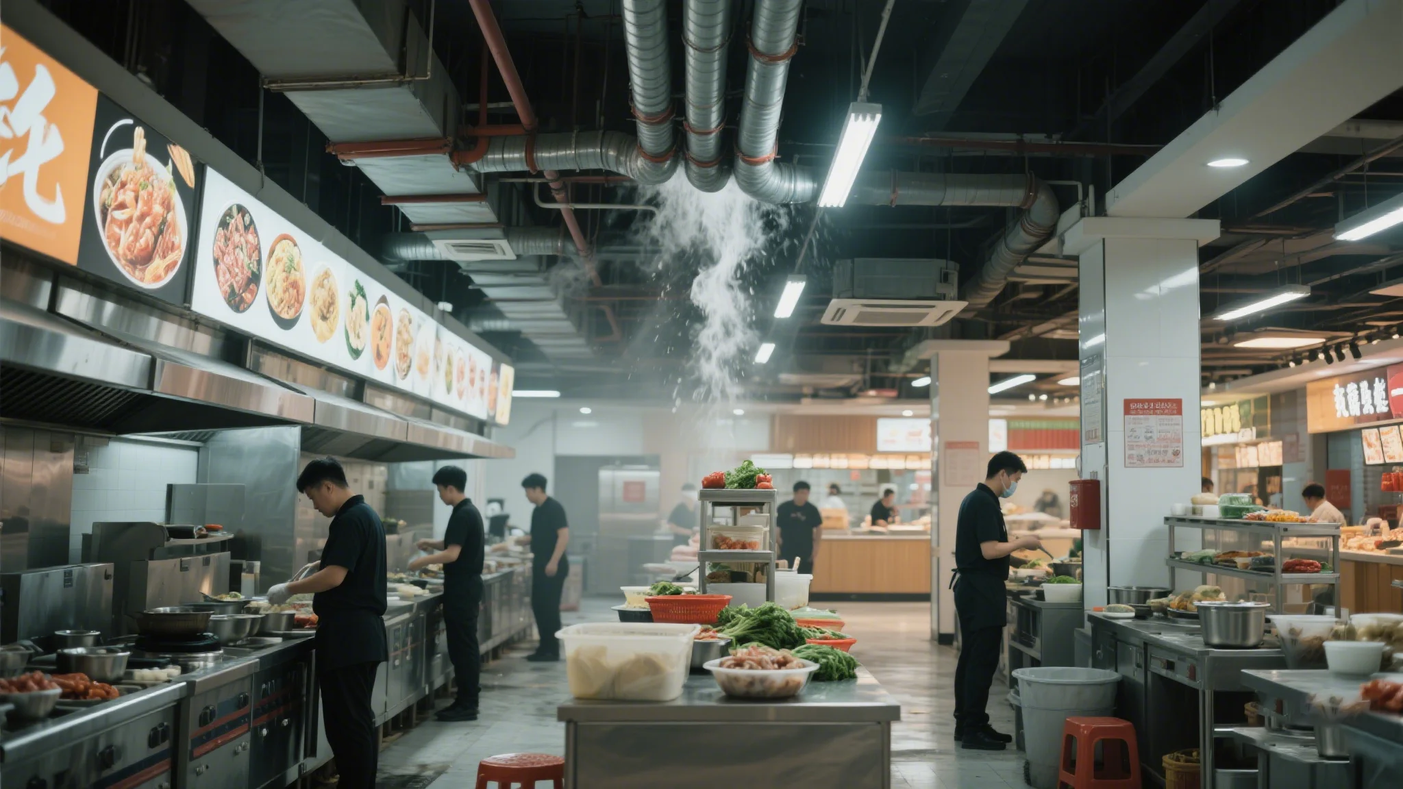 kitchen workers preparing food