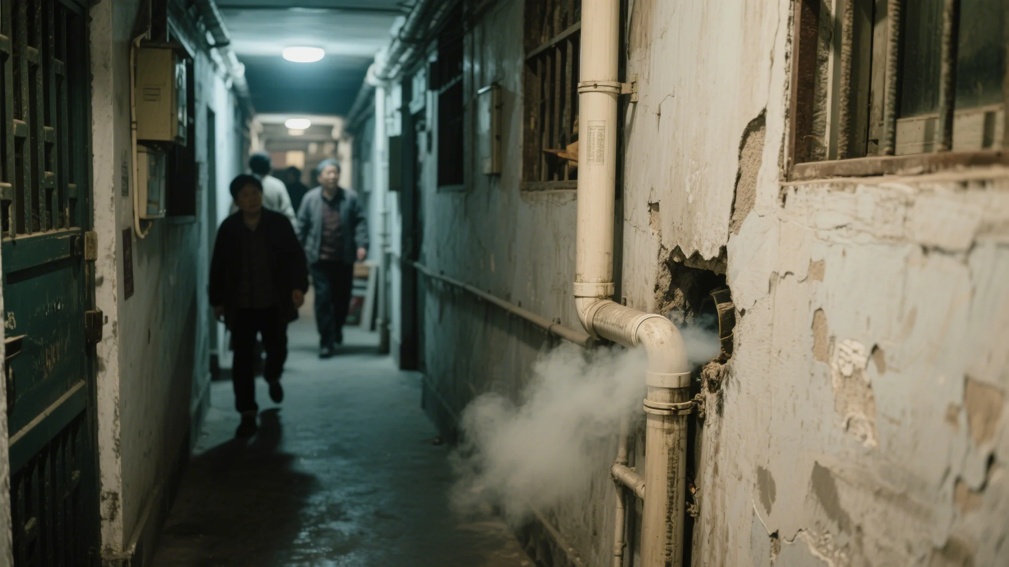 narrow alley with smoke pipes