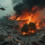 building fire crowd helicopter smoke damage