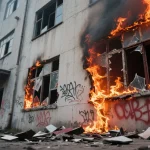 burning building destruction abandoned urban decay