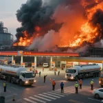 burning oil trucks at shell station factory fire
