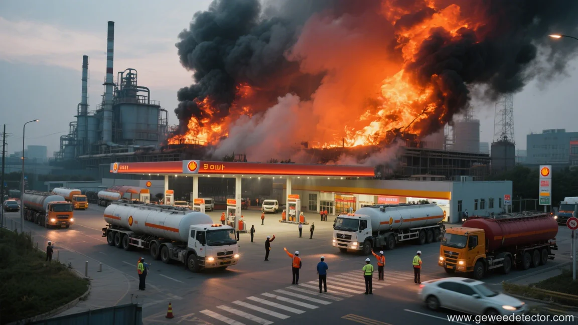 burning oil trucks at shell station factory fire