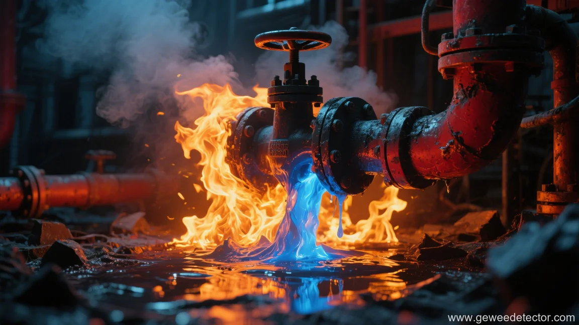 burning pipe leak industrial hazard fire blue