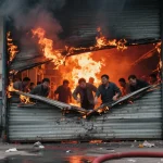 fire escape men running from blaze factory exit