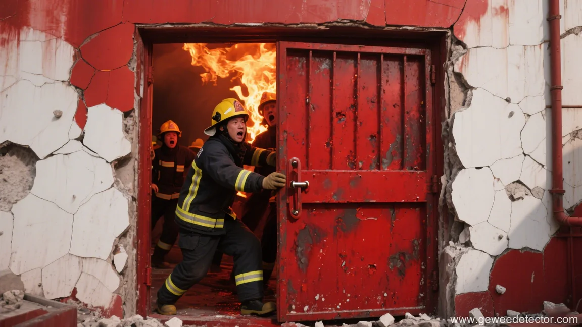 firefighter struggling to open red door in flames