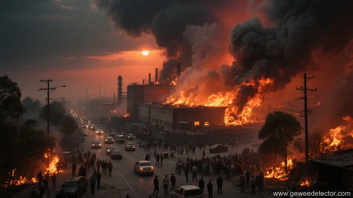 industrial fire escape crowd red sky destruction