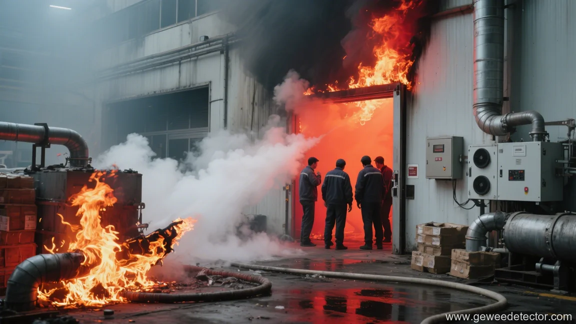 industrial fire workers observing damage scene
