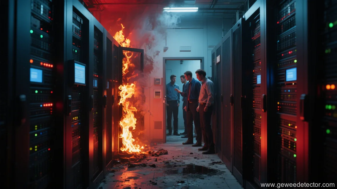 server room fire men investigating damage
