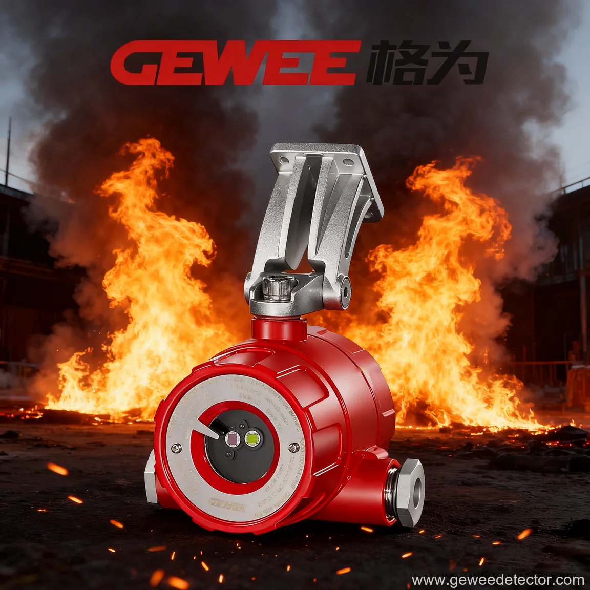 red and silver industrial valve in fire